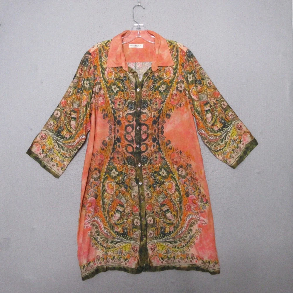 Natural Life Shirt Dress Fiona Orange Floral Paisley Boho Tunic Eclectic Relaxed